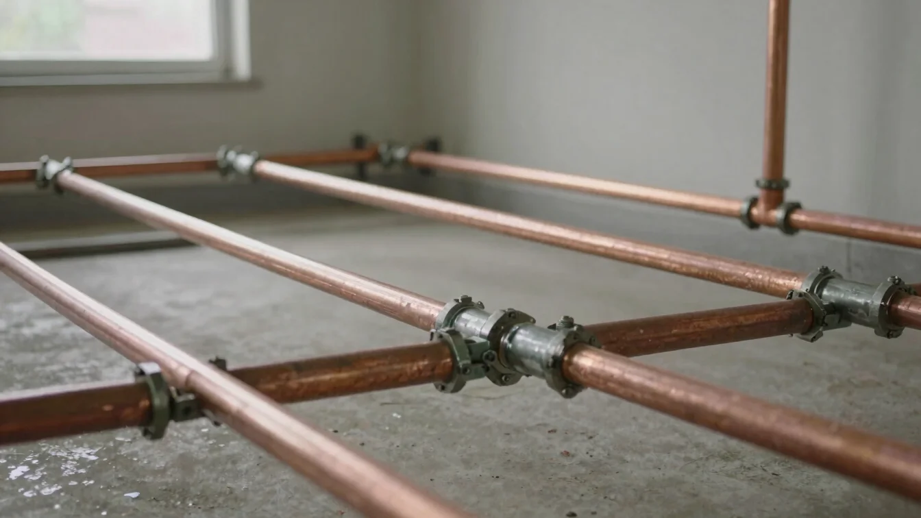 Close documentary photograph of copper and steel pipework joints