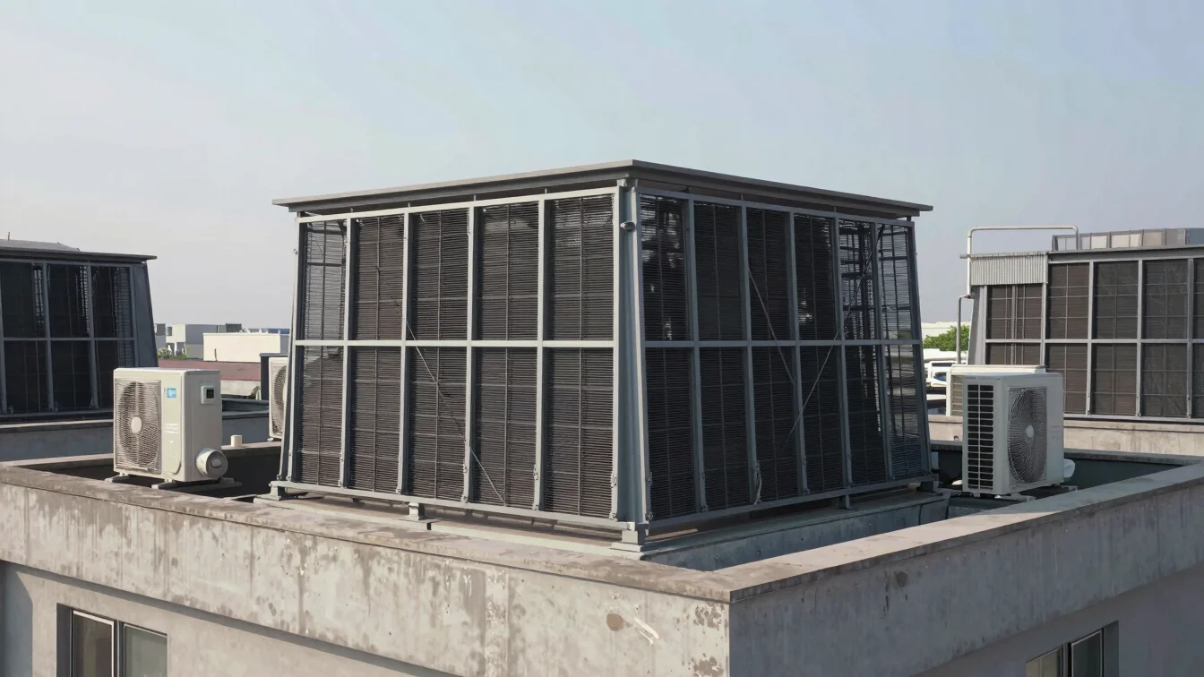 Wide environmental photograph of a rooftop cooling tower and air-