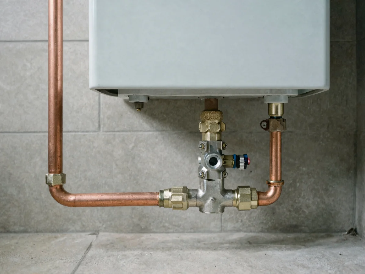 Technical editorial photograph of a gas heating appliance connect