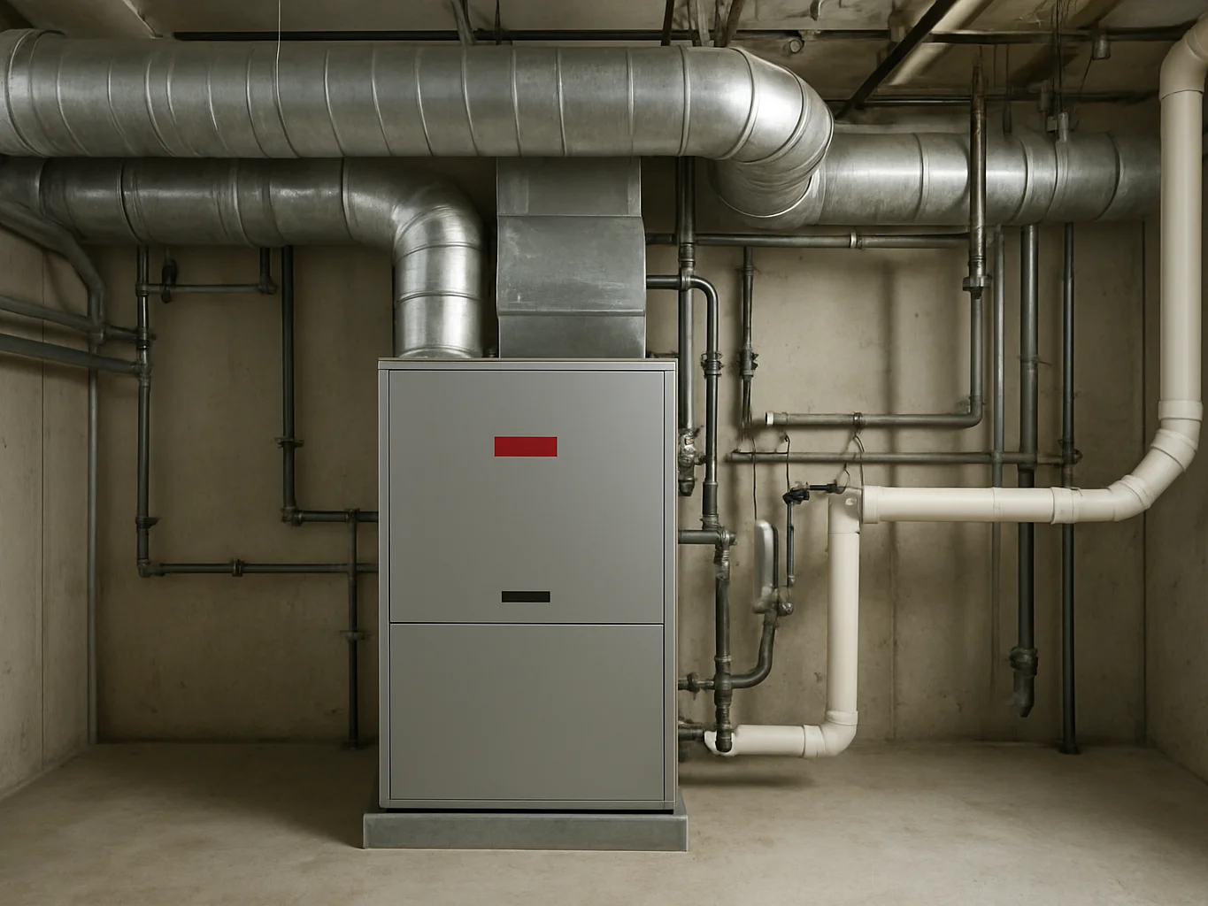 Technical editorial photograph of a furnace unit installed in a m