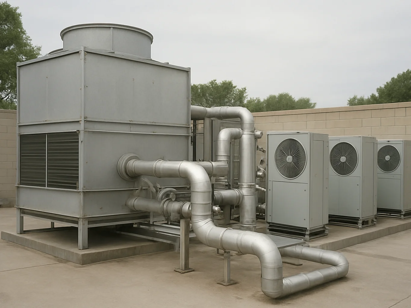 Technical editorial photograph of an outdoor cooling tower and ai