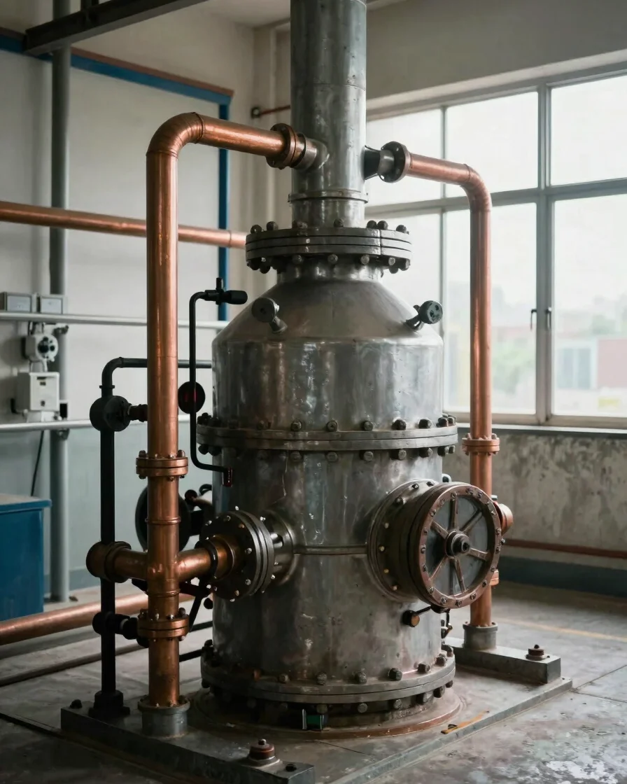 Close documentary view of a furnace and copper pipework connectio