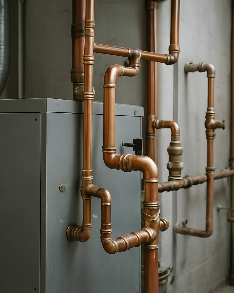 Technical editorial photograph of a furnace and copper pipework connections in a mechanical room, soft natural daylight,